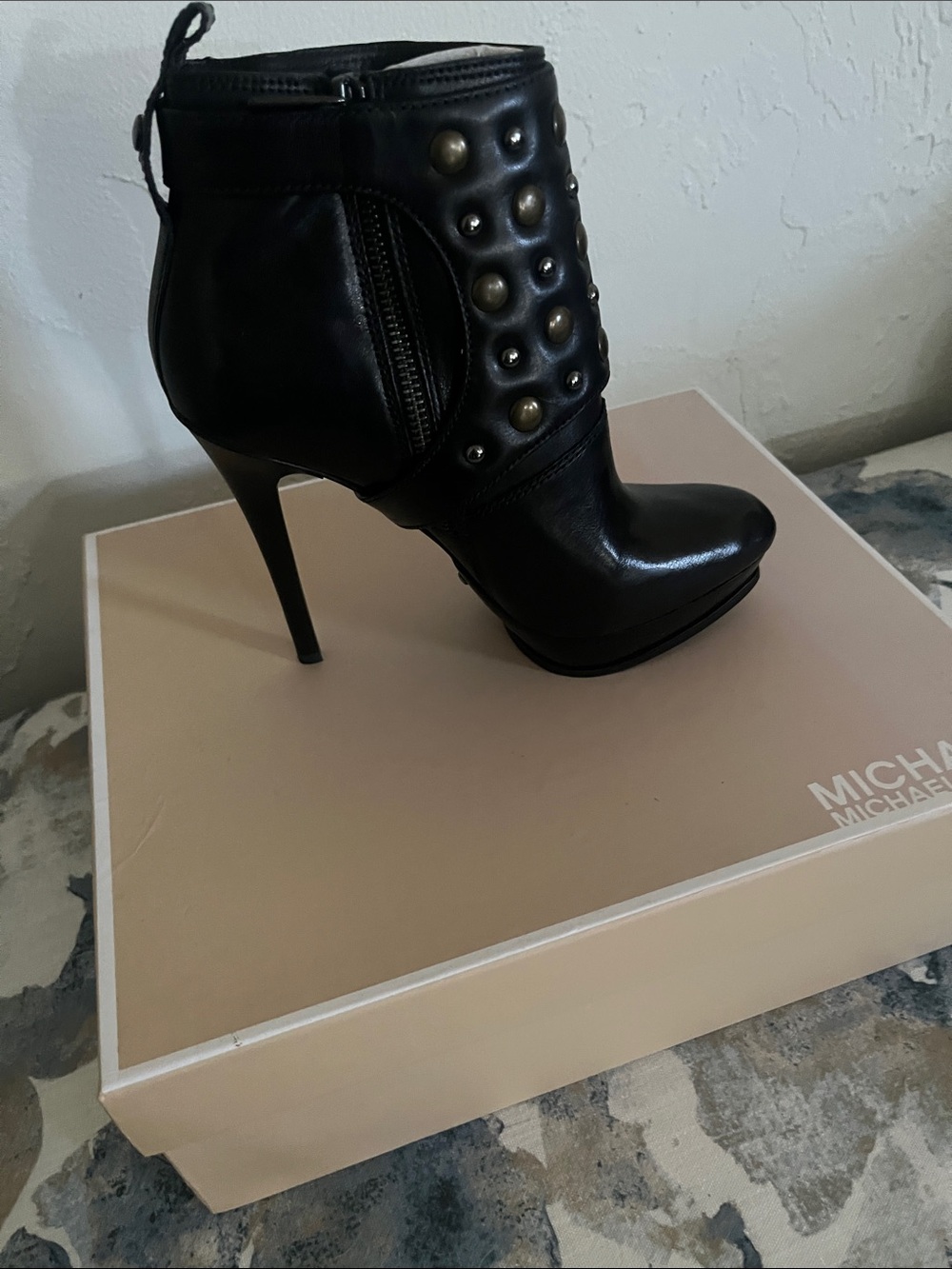 Michael Kors Black Leather Studded Stiletto Ankle Boots
